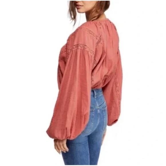 Free People Boho Long Sleeve Blouse-  Maria Lace Embroidered Terracotta- Large - Picture 2 of 15